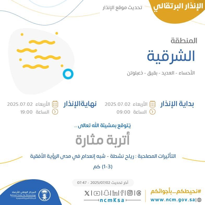 حالة الطقس اليوم في المنطقة الشرقية الإنذار البرتقالي في الأحساء والعديد وبقيق وذعبلوتن