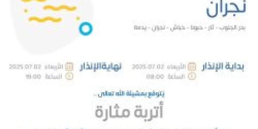حالة الطقس غدًا في نجران: الإنذار الأصفر في بدر الجنوب وثار وحبونا وخباش ونجران ويدمة - بوابة اخر ساعة